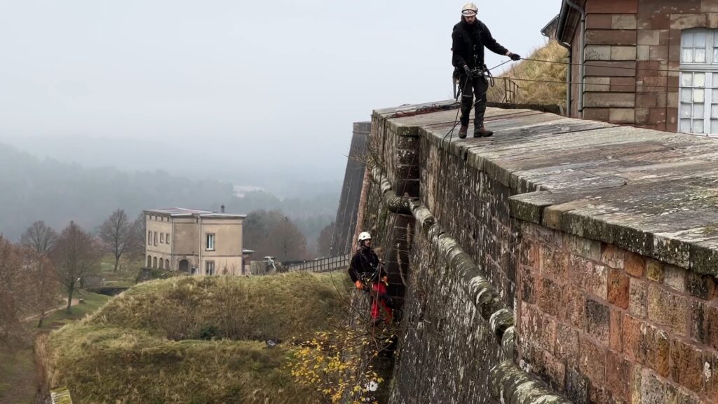 Des voltigeurs enlèvent les végétaux sur les murs de la Citadelle